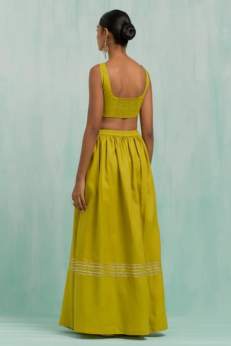 The Indian Cause Green Cotton Gota Patti Boat Neck Pleated Embellished Lehenga With Blouse Online at Aza Fashions The Indian Cause_Green Cotton Gota Patti Boat Neck Pleated Embellished Lehenga With Blouse _Online_at_Aza_Fashions