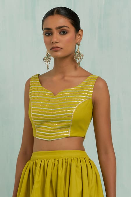 Buy The Indian Cause Green Cotton Gota Patti Boat Neck Pleated Embellished Lehenga With Blouse Buy_The Indian Cause_Green Cotton Gota Patti Boat Neck Pleated Embellished Lehenga With Blouse