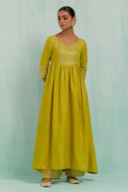 The Indian Cause_Green Cotton Gota Patti Boat Neck Placed Embellished Anarkali Palazzo Set_at_Aza_Fashions