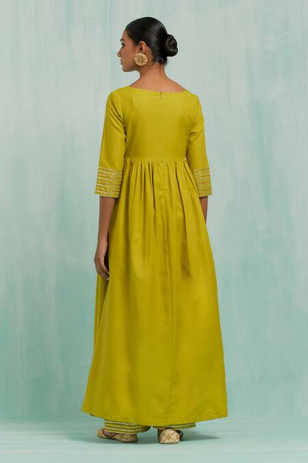 Shop The Indian Cause Green Cotton Gota Patti Split V-neck Placed Embellished Anarkali With Palazzo at Aza Fashions Shop_The Indian Cause_Green Cotton Gota Patti Split V-neck Placed Embellished Anarkali With Palazzo_at_Aza_Fashions