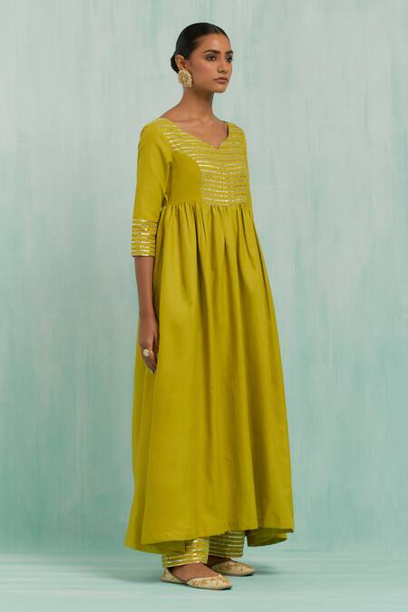 The Indian Cause Green Cotton Gota Patti Split V-neck Placed Embellished Anarkali With Palazzo at Aza Fashions The Indian Cause_Green Cotton Gota Patti Split V-neck Placed Embellished Anarkali With Palazzo_at_Aza_Fashions