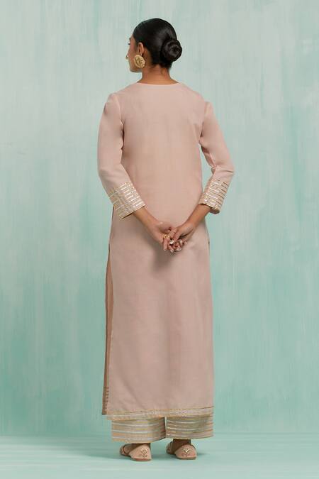 Shop The Indian Cause Pink Cotton, Chiffon Gota Patti V-neck Palazzo Set With Embellished Dupatta at Aza Fashions Shop_The Indian Cause_Pink Cotton, Chiffon Gota Patti V-neck Palazzo Set With Embellished Dupatta_at_Aza_Fashions