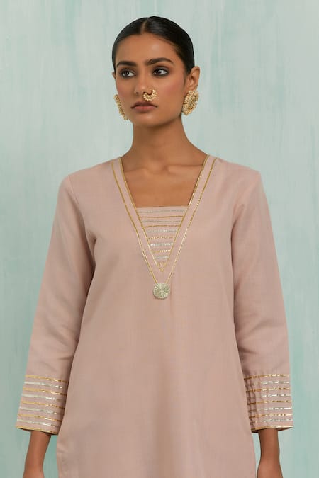 The Indian Cause_Pink Cotton Gota Patti V-neck Embellished Kurta With Palazzo_at_Aza_Fashions