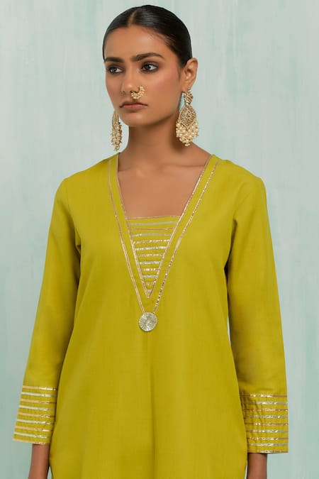 The Indian Cause Green Cotton Gota Patti V-neck Embellished Kurta With Palazzo at Aza Fashions The Indian Cause_Green Cotton Gota Patti V-neck Embellished Kurta With Palazzo_at_Aza_Fashions