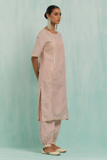 Shop_The Indian Cause_Pink Cotton Gota Patti Round Neck Lace Lined Kurta With Salwar 