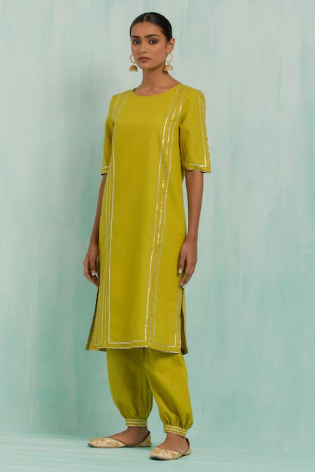 Shop_The Indian Cause_Green Cotton Gota Patti Round Neck Lace Embellished Kurta With Salwar