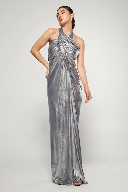 Cham Cham_Silver Stretch Knit Foil Solid Halter Neck Metallic Gown _Online_at_Aza_Fashions