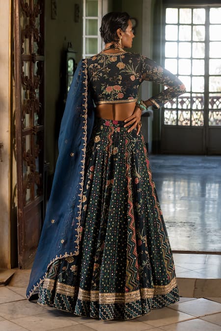 Shop_Paulmi And Harsh_Blue Organza, Tissue Embroidery Plunge Neck Multi Kali Print Lehenga Set _at_Aza_Fashions