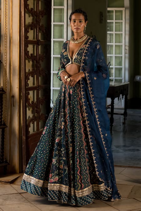 Blue & Gold Silk Woven Semi stitched Lehenga With Unstitched Blouse – Odette