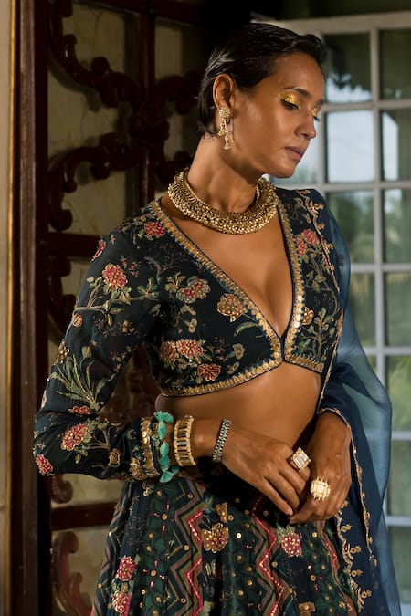 Buy_Paulmi And Harsh_Blue Organza, Tissue Embroidery Plunge Neck Multi Kali Print Lehenga Set _Online_at_Aza_Fashions