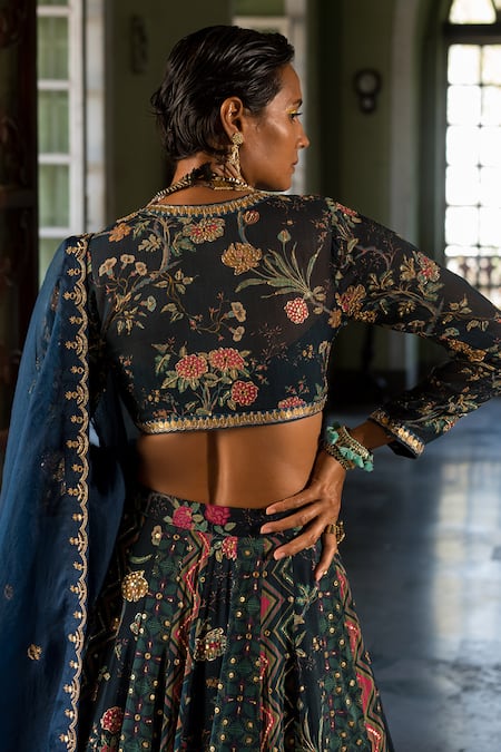 Shop_Paulmi And Harsh_Blue Organza, Tissue Embroidery Plunge Neck Multi Kali Print Lehenga Set _Online_at_Aza_Fashions