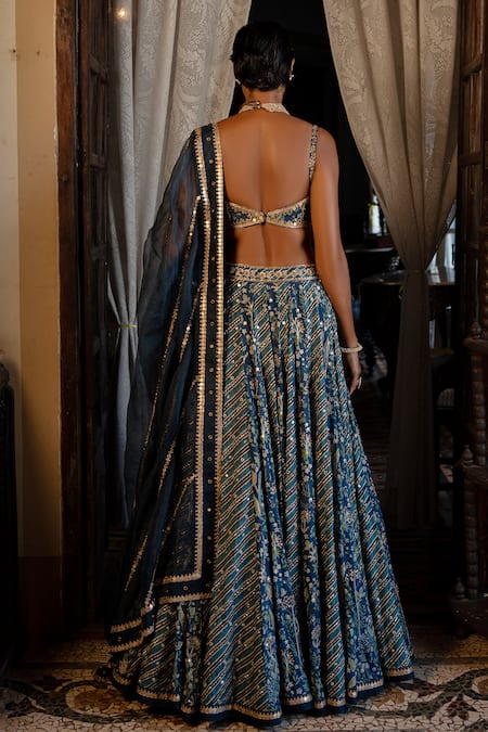 Shop Paulmi And Harsh Blue Organza, Tissue Embroidery Tropical Multi Print Blouse Bridal Lehenga Set at Aza Fashions Shop_Paulmi And Harsh_Blue Organza, Tissue Embroidery Tropical Multi Print Blouse Bridal Lehenga Set _at_Aza_Fashions