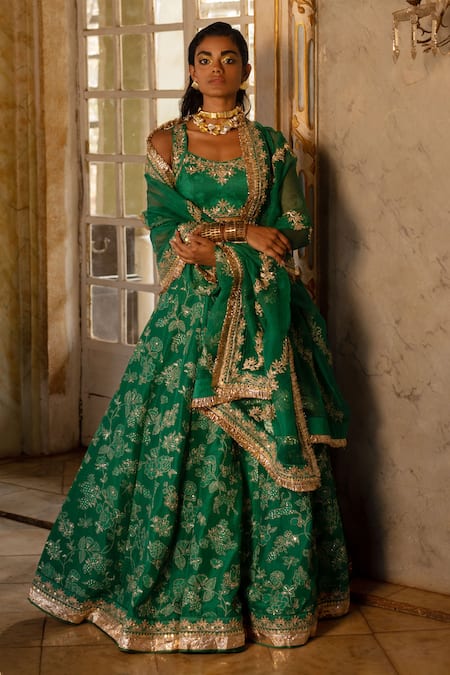 PAULMI & HARSH presents Emerald Green Mirror Blouse Lehenga Set exclusively  available only at FEI