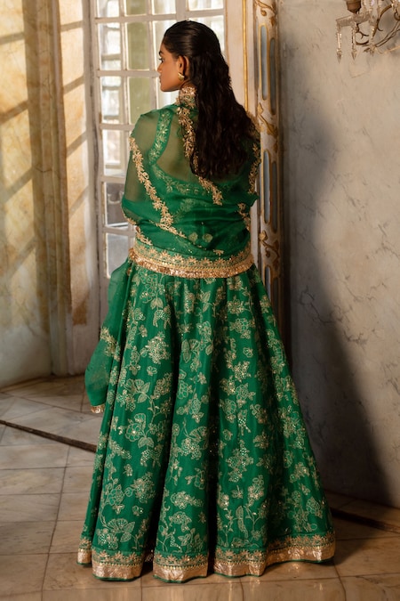 Women's Green Satin Embroidered Lehenga - Myracouture | Designer lehenga  choli, Satin lehenga, Lehenga