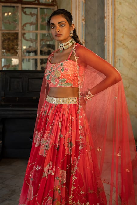 Buy_Paulmi And Harsh_Red Georgette, Cotton, Silk, Net Mirrors, Embroidery Naksha Print Lehenga Set _Online_at_Aza_Fashions