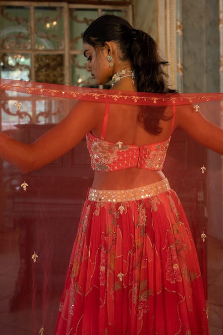 Shop_Paulmi And Harsh_Red Georgette, Cotton, Silk, Net Mirrors, Embroidery Naksha Print Lehenga Set _Online_at_Aza_Fashions