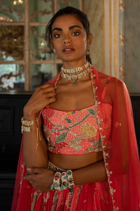 Paulmi And Harsh_Red Georgette, Cotton, Silk, Net Mirrors, Embroidery Naksha Print Lehenga Set _at_Aza_Fashions