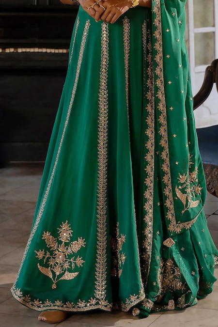 Paulmi And Harsh_Emerald Green Organza Embroidery, Mirrors, Zari Floral Bridal Lehenga Set _Online_at_Aza_Fashions