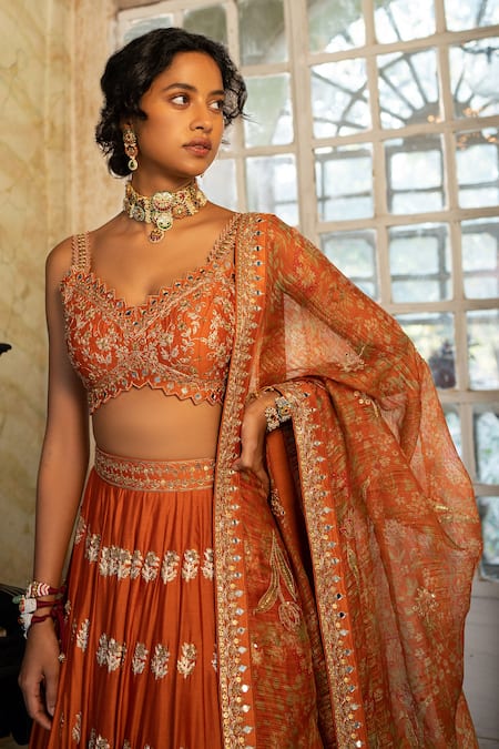 Paulmi And Harsh_Orange Chiffon, Chanderi Silk, Organza Embroidery Floral Butti Hand Lehenga Set _Online_at_Aza_Fashions