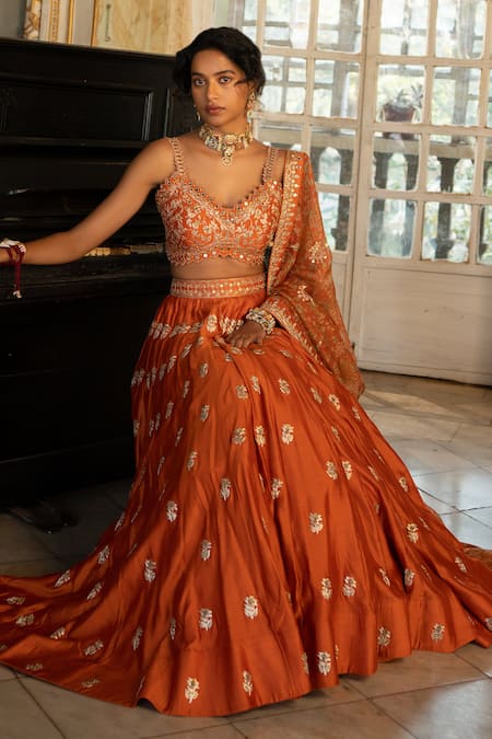Buy_Paulmi And Harsh_Orange Chiffon, Chanderi Silk, Organza Embroidery Floral Butti Hand Lehenga Set _Online_at_Aza_Fashions