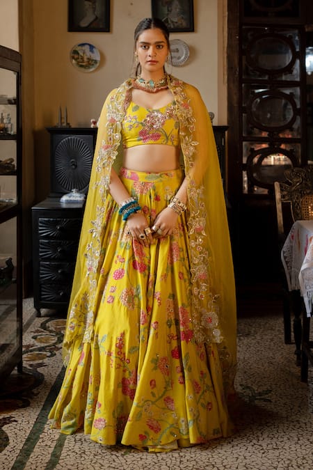 Buy Yellow Lehenga Organza Embroidery Sequin V Neck Blouse Set For Women by  Midushi Bajoria Online at Aza Fashions.