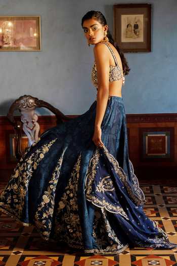 Shop Paulmi And Harsh Blue Cotton Satin, Silk, Cotton, Organza Self Woven And Floral Kali Lehenga Set Online at Aza Fashions Shop_Paulmi And Harsh_Blue Cotton Satin, Silk, Cotton, Organza Self Woven And Floral Kali Lehenga Set_Online_at_Aza_Fashions