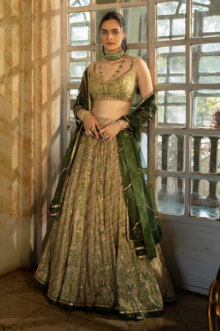 Buy Olive Green Lehenga with Striped Pattern Embroidery that Comes with  Gota-Marodi Worked Blouse & an Embroidered Dupatta by PUNIT BALANA at Ogaan  Online Shopping Site