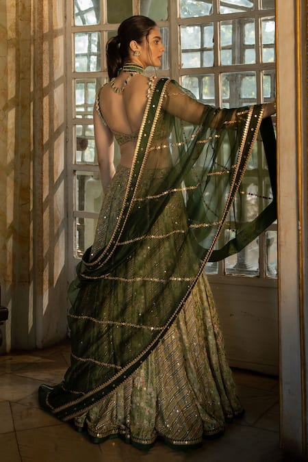 Shop Paulmi And Harsh Green Cotton, Silk, Tissue Embroidery Plunge Tropical Print Blouse Lehenga Set at Aza Fashions Shop_Paulmi And Harsh_Green Cotton, Silk, Tissue Embroidery Plunge Tropical Print Blouse Lehenga Set _at_Aza_Fashions