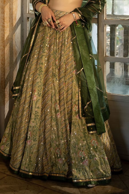 Paulmi And Harsh Green Cotton, Silk, Tissue Embroidery Plunge Tropical Print Blouse Lehenga Set Online at Aza Fashions Paulmi And Harsh_Green Cotton, Silk, Tissue Embroidery Plunge Tropical Print Blouse Lehenga Set _Online_at_Aza_Fashions