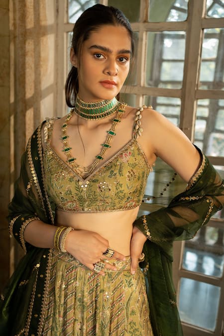 Buy Paulmi And Harsh Green Cotton, Silk, Tissue Embroidery Plunge Tropical Print Blouse Lehenga Set Online at Aza Fashions Buy_Paulmi And Harsh_Green Cotton, Silk, Tissue Embroidery Plunge Tropical Print Blouse Lehenga Set _Online_at_Aza_Fashions
