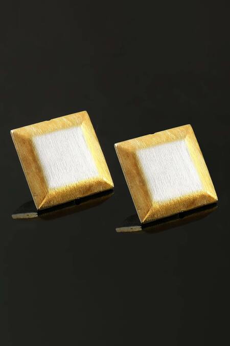 Shop_Noor_Silver Plated Embroidery Dual Tone Stud Earrings_at_Aza_Fashions