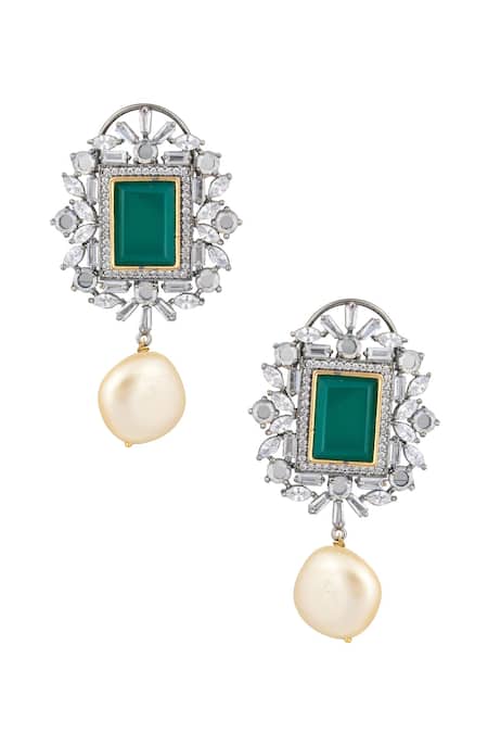 Shop Nepra By Neha Goel Gold Plated Pearls, Zari, Diamonds Polki Embellished Drop Earrings at Aza Fashions Shop_Nepra By Neha Goel_Gold Plated Pearls, Zari, Diamonds Polki Embellished Drop Earrings_at_Aza_Fashions