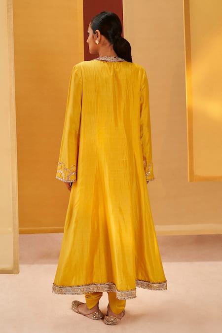 Shop Priyanka Singh Yellow Silk Organza Embroidery, Sequins, Zari Round A-line Kurta Cowl Pant Set at Aza Fashions Shop_Priyanka Singh_Yellow Silk Organza Embroidery, Sequins, Zari Round A-line Kurta Cowl Pant Set _at_Aza_Fashions