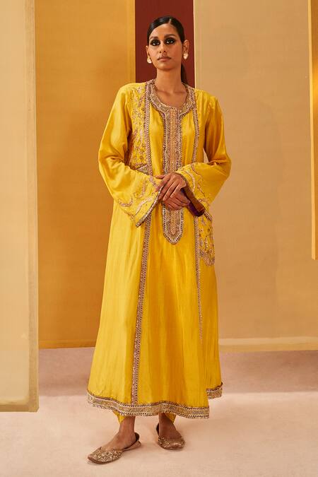 Priyanka Singh Yellow Silk Organza Embroidery, Sequins, Zari Round A-line Kurta Cowl Pant Set Online at Aza Fashions Priyanka Singh_Yellow Silk Organza Embroidery, Sequins, Zari Round A-line Kurta Cowl Pant Set _Online_at_Aza_Fashions