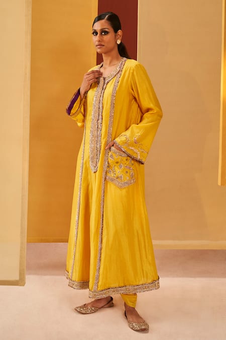 Buy Priyanka Singh Yellow Silk Organza Embroidery, Sequins, Zari Round A-line Kurta Cowl Pant Set Online at Aza Fashions Buy_Priyanka Singh_Yellow Silk Organza Embroidery, Sequins, Zari Round A-line Kurta Cowl Pant Set _Online_at_Aza_Fashions