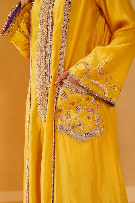 Shop Priyanka Singh Yellow Silk Organza Embroidery, Sequins, Zari Round A-line Kurta Cowl Pant Set Online at Aza Fashions Shop_Priyanka Singh_Yellow Silk Organza Embroidery, Sequins, Zari Round A-line Kurta Cowl Pant Set _Online_at_Aza_Fashions