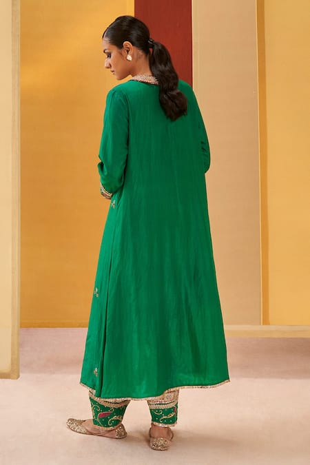 Shop Priyanka Singh Green Silk, Organza Sequins, Zari, Gota Embroidered A-line Kurta Salwar Set at Aza Fashions Shop_Priyanka Singh_Green Silk, Organza Sequins, Zari, Gota Embroidered A-line Kurta Salwar Set _at_Aza_Fashions