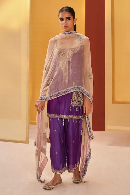 Priyanka Singh Purple Silk Organza Embroidered Short Straight Kurta Salwar Set 