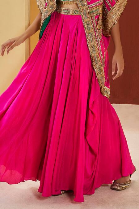 Priyanka Singh_Fuchsia Net, Silk Zari, Tassels Square Neck Embroidered Cape Sharara Set _Online_at_Aza_Fashions