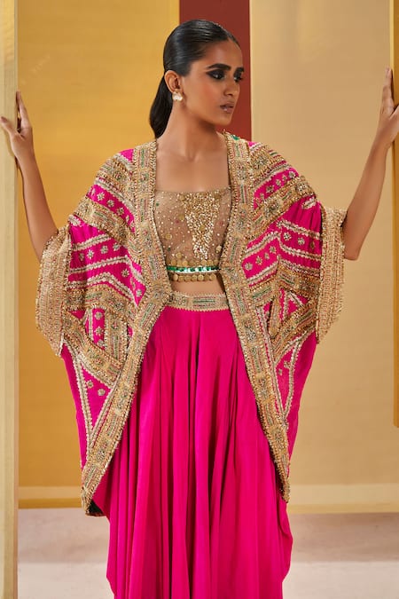 Buy_Priyanka Singh_Fuchsia Net, Silk Zari, Tassels Square Neck Embroidered Cape Sharara Set _Online_at_Aza_Fashions