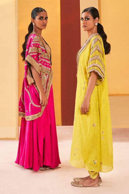 Shop_Priyanka Singh_Fuchsia Net, Silk Zari, Tassels Square Neck Embroidered Cape Sharara Set _Online_at_Aza_Fashions