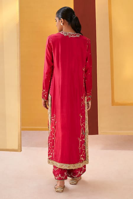 Shop Priyanka Singh Magenta Silk, Organza Sequins, Gota Patti Round Neck Embroidered Kurta Pant Set at Aza Fashions Shop_Priyanka Singh_Magenta Silk, Organza Sequins, Gota Patti Round Neck Embroidered Kurta Pant Set _at_Aza_Fashions