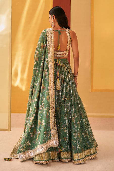 Shop Priyanka Singh Green Cotton, Net Sequins, Zari V-neck Embroidered Blouse Bridal Lehenga Set at Aza Fashions Shop_Priyanka Singh_Green Cotton, Net Sequins, Zari V-neck Embroidered Blouse Bridal Lehenga Set _at_Aza_Fashions