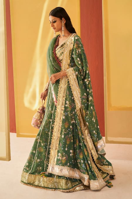 Priyanka Singh Green Cotton, Net Sequins, Zari V-neck Embroidered Blouse Bridal Lehenga Set Online at Aza Fashions Priyanka Singh_Green Cotton, Net Sequins, Zari V-neck Embroidered Blouse Bridal Lehenga Set _Online_at_Aza_Fashions