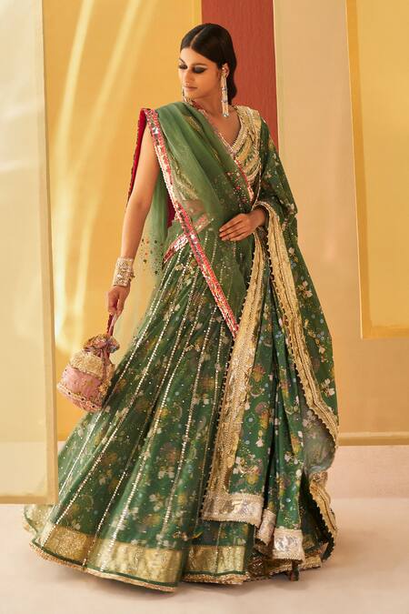 Buy Priyanka Singh Green Cotton, Net Sequins, Zari V-neck Embroidered Blouse Bridal Lehenga Set Online at Aza Fashions Buy_Priyanka Singh_Green Cotton, Net Sequins, Zari V-neck Embroidered Blouse Bridal Lehenga Set _Online_at_Aza_Fashions