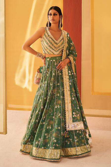 Shop Priyanka Singh Green Cotton, Net Sequins, Zari V-neck Embroidered Blouse Bridal Lehenga Set Online at Aza Fashions Shop_Priyanka Singh_Green Cotton, Net Sequins, Zari V-neck Embroidered Blouse Bridal Lehenga Set _Online_at_Aza_Fashions