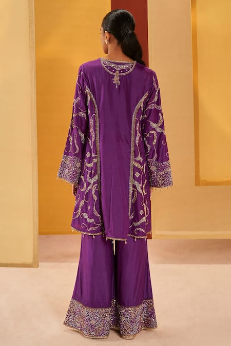 Shop Priyanka Singh Purple Silk Organza Embroidery, Zari V-neck A-line Short Kurta Pant Set at Aza Fashions Shop_Priyanka Singh_Purple Silk Organza Embroidery, Zari V-neck A-line Short Kurta Pant Set _at_Aza_Fashions
