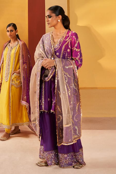 Priyanka Singh Purple Silk Organza Embroidery, Zari V-neck A-line Short Kurta Pant Set Online at Aza Fashions Priyanka Singh_Purple Silk Organza Embroidery, Zari V-neck A-line Short Kurta Pant Set _Online_at_Aza_Fashions