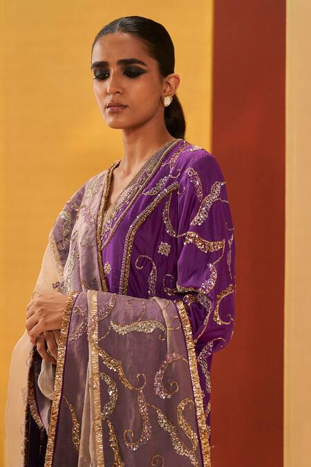 Shop Priyanka Singh Purple Silk Organza Embroidery, Zari V-neck A-line Short Kurta Pant Set Online at Aza Fashions Shop_Priyanka Singh_Purple Silk Organza Embroidery, Zari V-neck A-line Short Kurta Pant Set _Online_at_Aza_Fashions