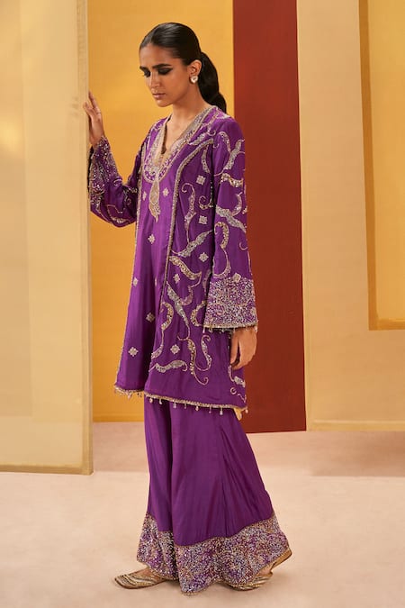 Priyanka Singh Purple Silk Organza Embroidery, Zari V-neck A-line Short Kurta Pant Set at Aza Fashions Priyanka Singh_Purple Silk Organza Embroidery, Zari V-neck A-line Short Kurta Pant Set _at_Aza_Fashions